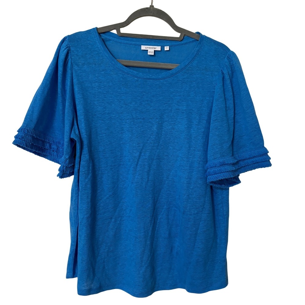 Chico's Womens Large Blue Linen Top Relaxed Fit Blouse Lagenlook Summer Casual
